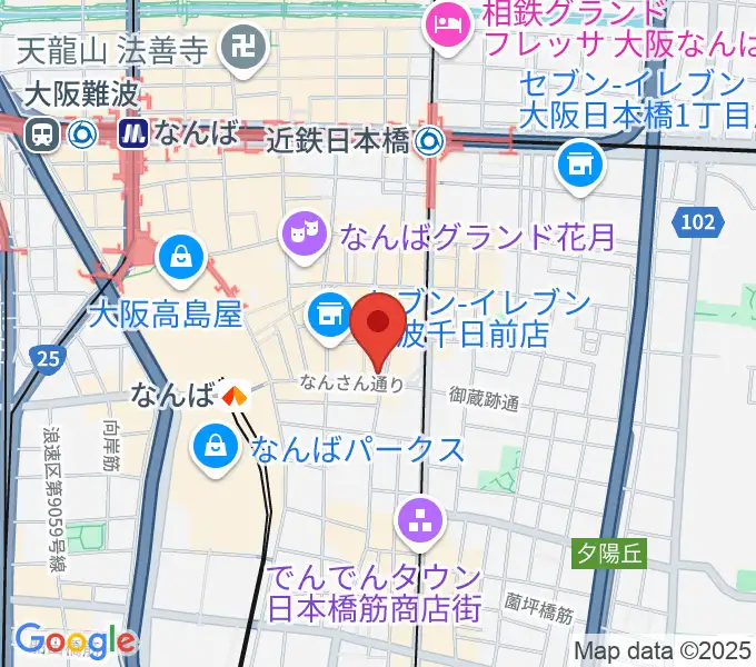 難波の楽器店テイクオフの地図