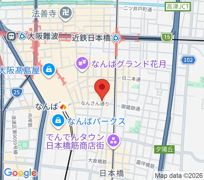 難波の楽器店テイクオフの地図