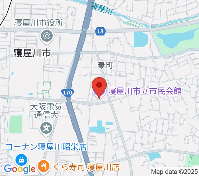 寝屋川市立市民会館の地図