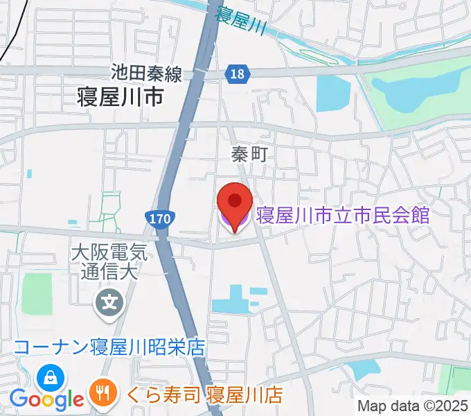 寝屋川市立市民会館の地図
