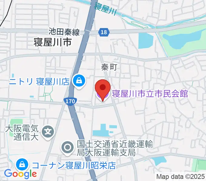 寝屋川市立市民会館の地図