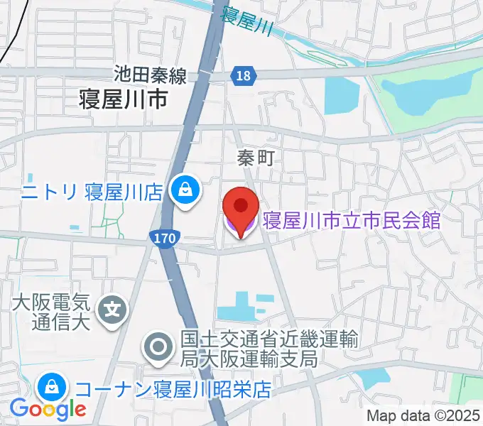 寝屋川市立市民会館の地図
