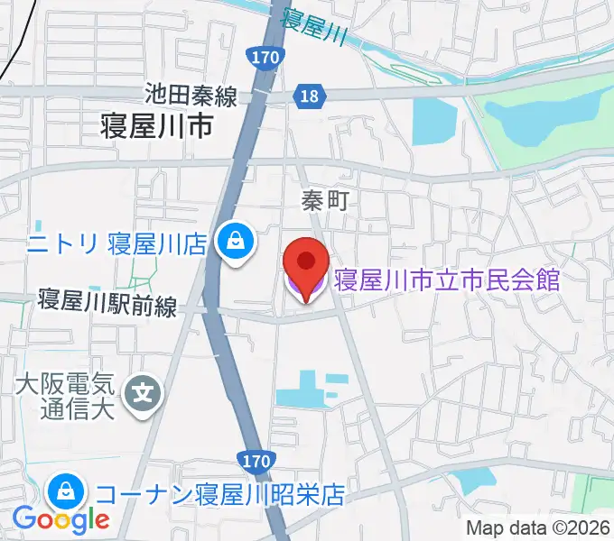 寝屋川市立市民会館の地図