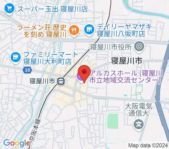 寝屋川アルカスホールの地図