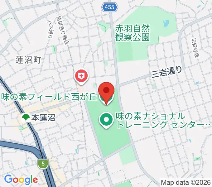 味の素フィールド西が丘の地図