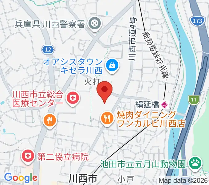 川西市キセラホールの地図