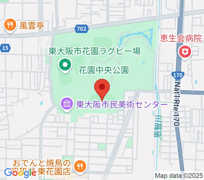 東大阪市花園中央公園 多目的球技広場の地図