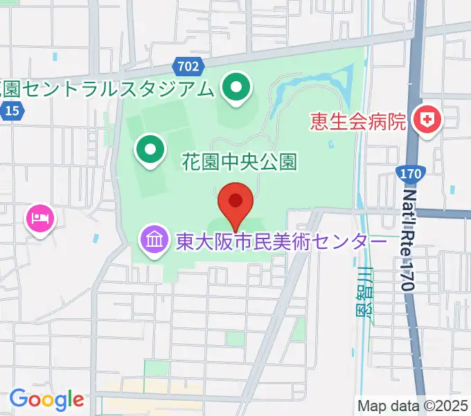 東大阪市花園中央公園 多目的球技広場の地図