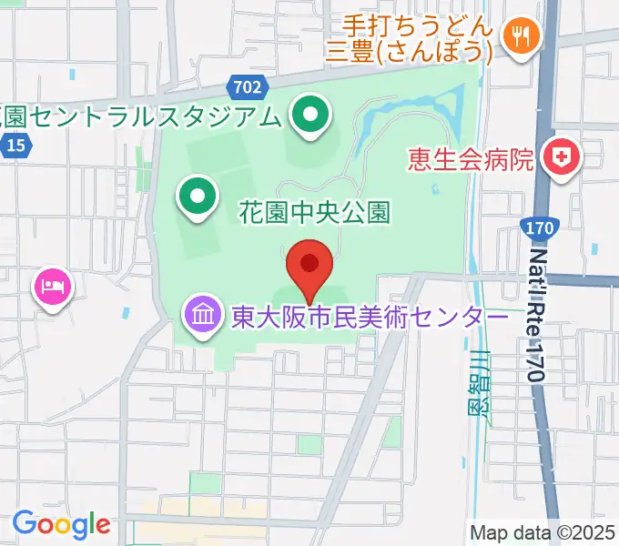 東大阪市花園中央公園 多目的球技広場の地図