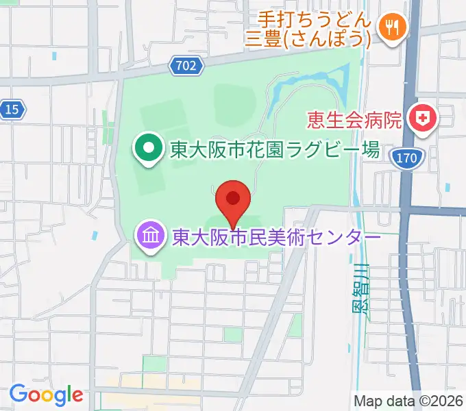 東大阪市花園中央公園 多目的球技広場の地図