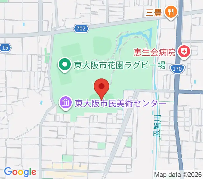 東大阪市花園中央公園 多目的球技広場の地図
