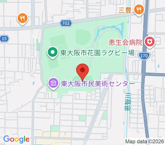東大阪市花園中央公園 多目的球技広場の地図