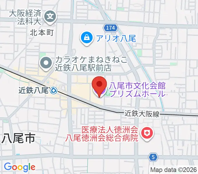 八尾市文化会館プリズムホールの地図
